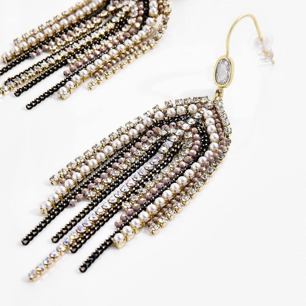 Boho Fringe Tassel Earrings for Women, Beaded CZ Pearl Dangle Wedding Jewelry - Picture 5 of 6
